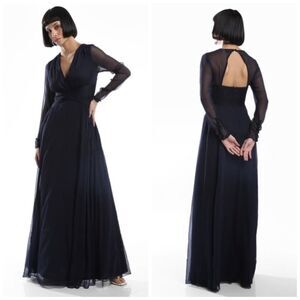 ASOS Navy Blue V-Neck Semi Sheer Evening Maxi Gown Dress
